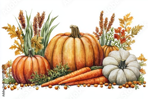 A vibrant arrangement of pumpkins, carrots, and autumn foliage, showcasing the beauty of fall harvest and seasonal produce.