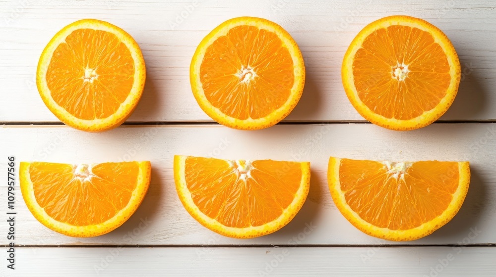 Six wedges of juicy oranges on a bright white wooden surface Six wedges of juicy oranges on a bright white wooden surface