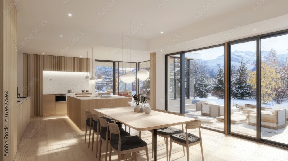 Fototapeta premium Modern Winter Kitchen with Scenic Outdoor View