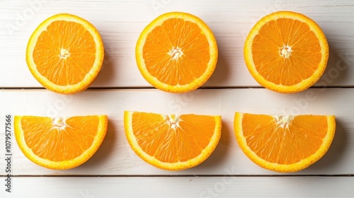 Six wedges of juicy oranges on a bright white wooden surface