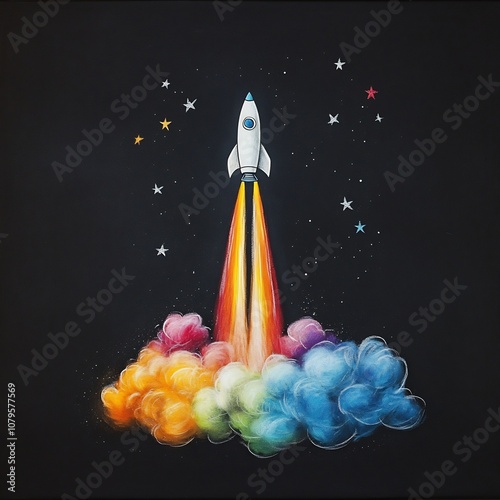 Whimsical and colorful depicting a rocket launching into a starry cloud filled sky in a bright playful drawing style reminiscent of a child s artwork  The dynamic scene evokes a sense of wonder photo