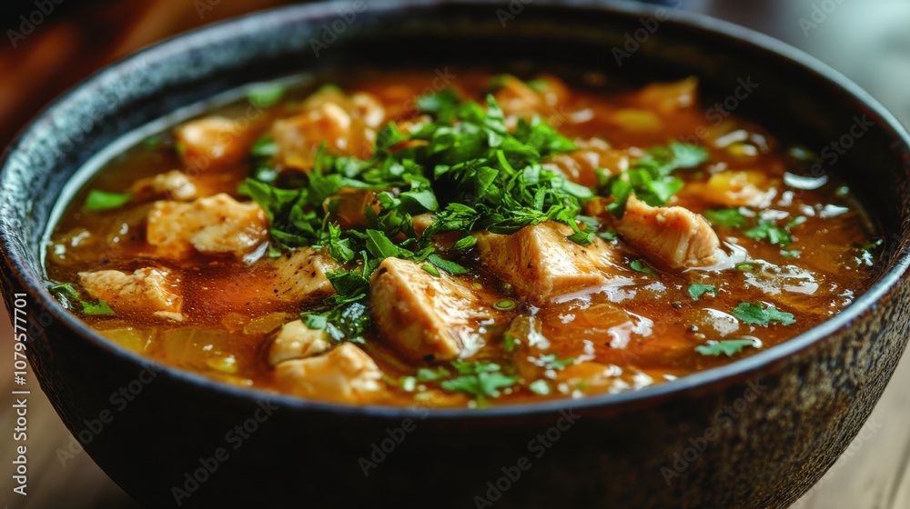 a nutritious chicken soup with a woody background a nutritious chicken soup with a woody background