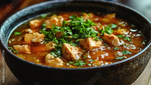 a nutritious chicken soup with a woody background