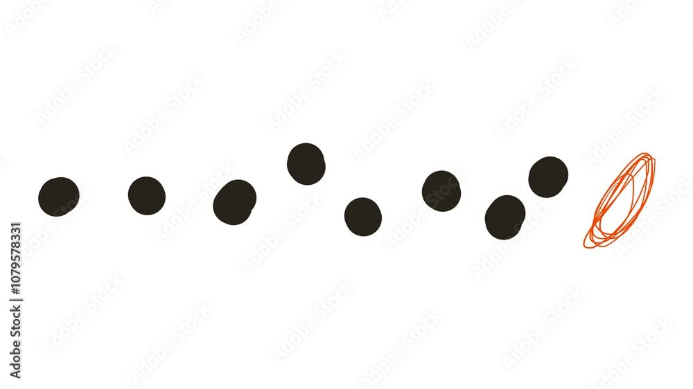 A row of large atoms or dots moves, and a red object or other physical particle spins nearby.