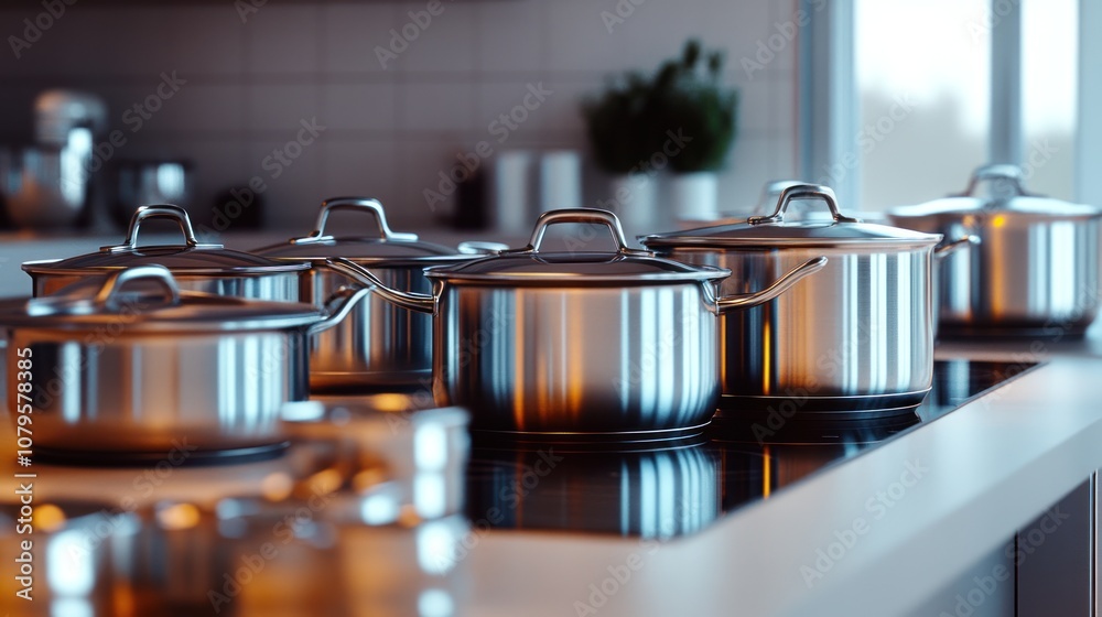 Stainless Steel Pots on a Kitchen Counter Stainless Steel Pots on a Kitchen Counter