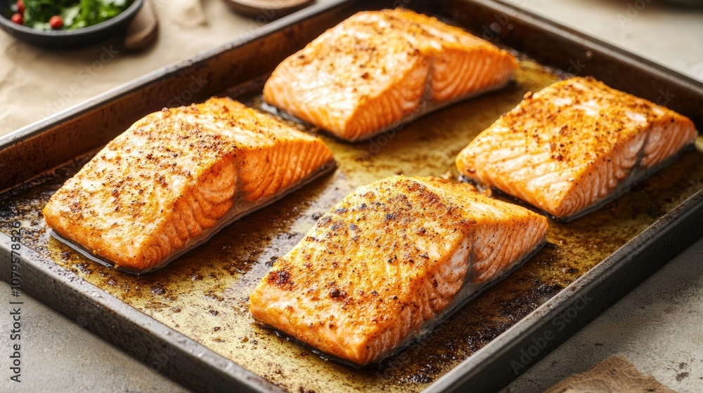A seasoned baking sheet containing four cooked breaded salmon fillets A seasoned baking sheet containing four cooked breaded salmon fillets