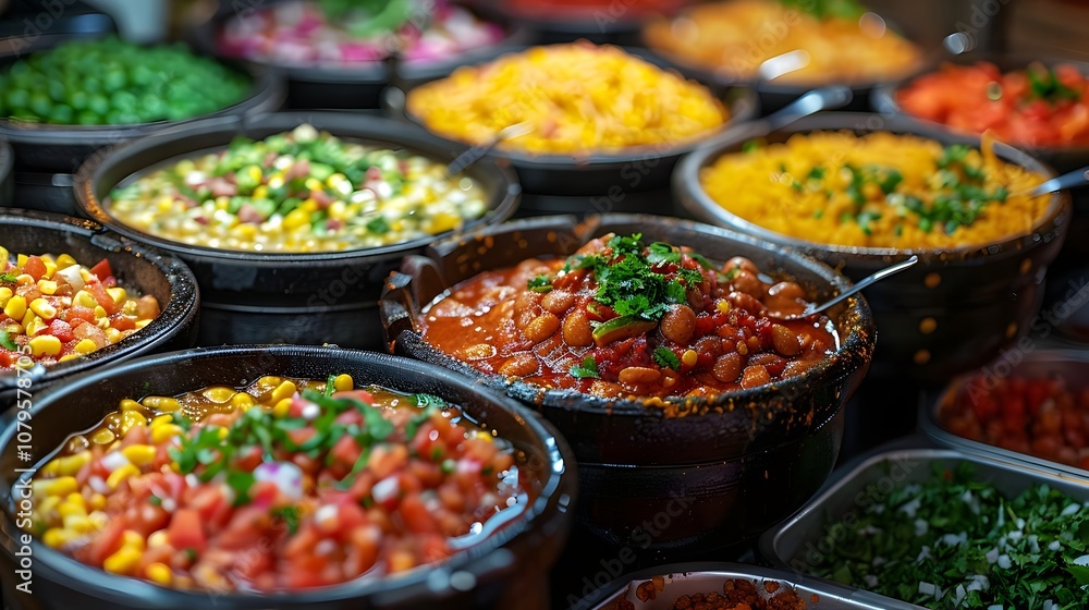 Obraz premium Assorted Freshly Prepared Salads and Dips in Bowls at a Market