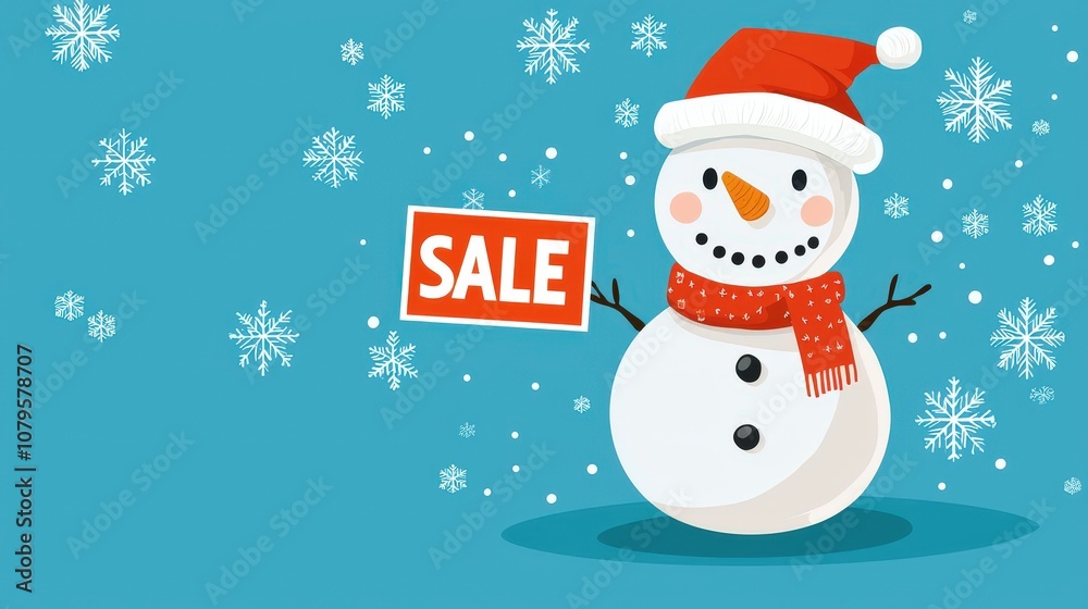 Adorable snowman holding 'Christmas Sale' sign, surrounded by snowflakes
