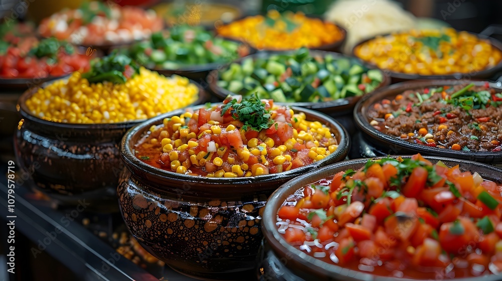 An Array of Assorted Freshly Prepared Salads Served in Beautiful Ceramic Bowls at a Lively Market, Perfect for Promoting Healthy Eating and Culinary Arts. An Array of Assorted Freshly Prepared Salads Served in Beautiful Ceramic Bowls at a Lively Market, Perfect for Promoting Healthy Eating and Culinary Arts.