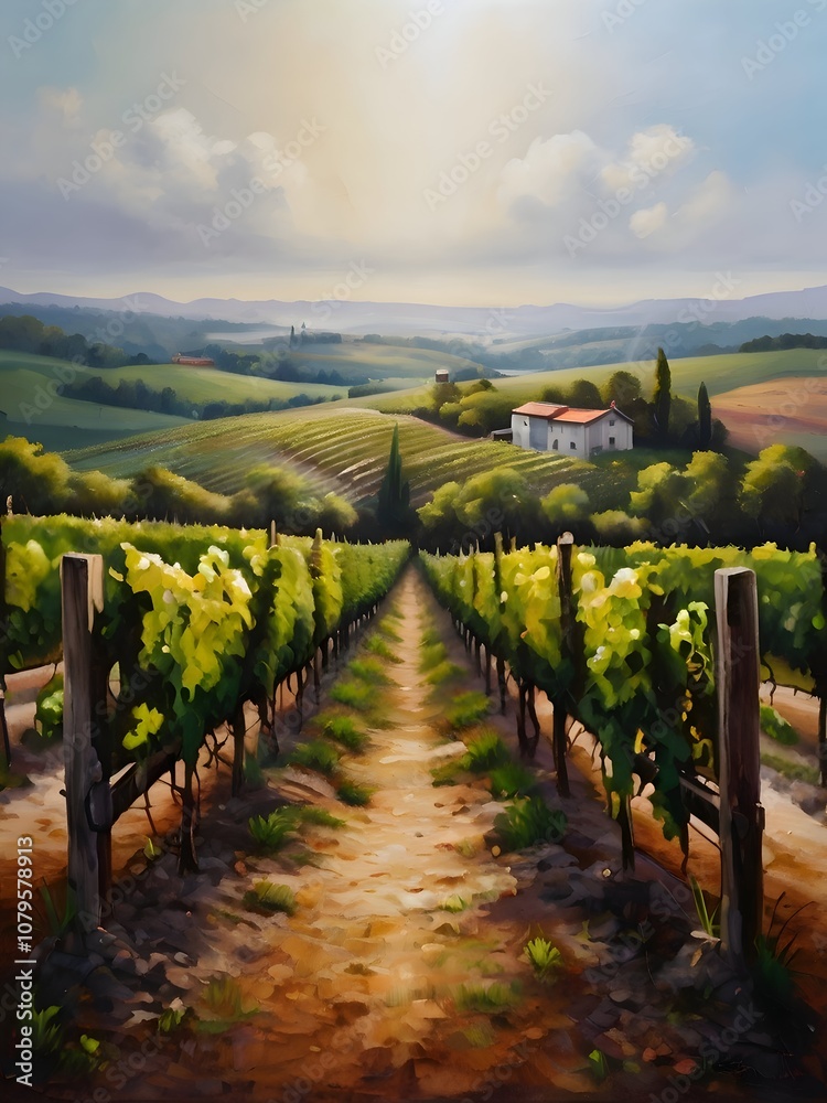 Naklejka premium Vineyard Oil Painting Landscape Art