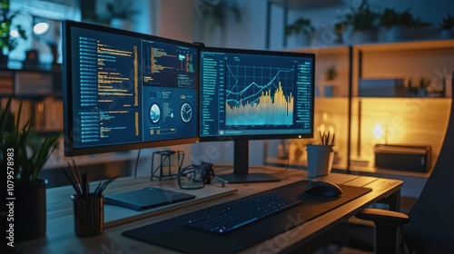 Wallpaper Mural Modern Workspace with Dual Monitors and Data Visualization Torontodigital.ca