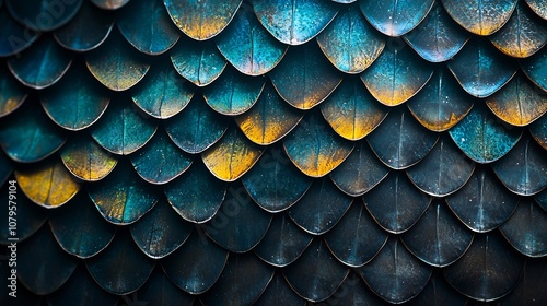 Captivating digital artwork depicting the intricate and mesmerizing pattern of ornate scaly fish scales in a vibrant color palette of shimmering aqua gold and dark tones