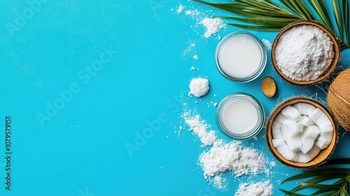 Natural skincare ingredients including baking soda and coconut oil displayed from a top view on a vibrant blue background