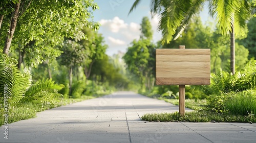 Eco friendly Bamboo Street Sign Mockup Placed in a Lush Green Tropical Landscape with Palm Trees Foliage and a Scenic Pathway  Concept of Nature Sustainability and Outdoor Adventure