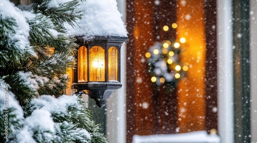 A lantern graces the entrance of a home lightly dusted with snow alongside a bright green fir branch photo