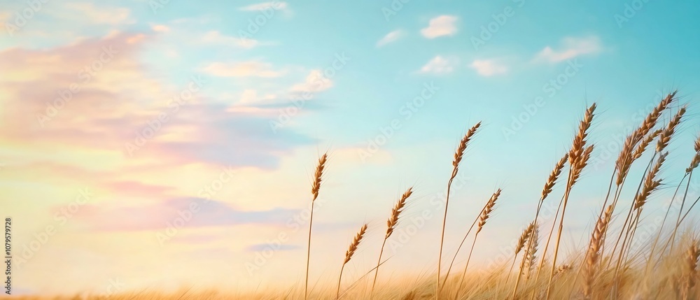 Obraz premium Golden wheat field swaying in the gentle wind under a vibrant colorful sky during a scenic sunset or sunrise landscape Peaceful tranquil and serene rural countryside scenery
