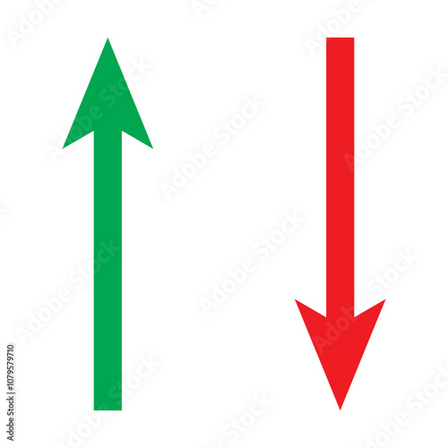 Simple up and down arrows. Upward, downward arrows in green and red isolated on white background, set of two. Vector illustration. EPS 10