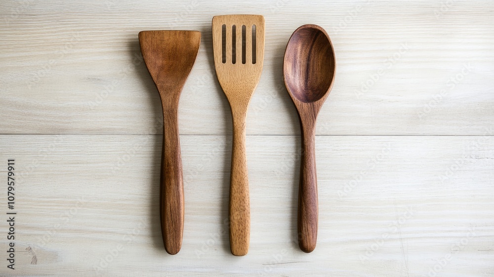 Wooden utensil set featuring a spatula and spoon arranged on a light wooden surface Wooden utensil set featuring a spatula and spoon arranged on a light wooden surface