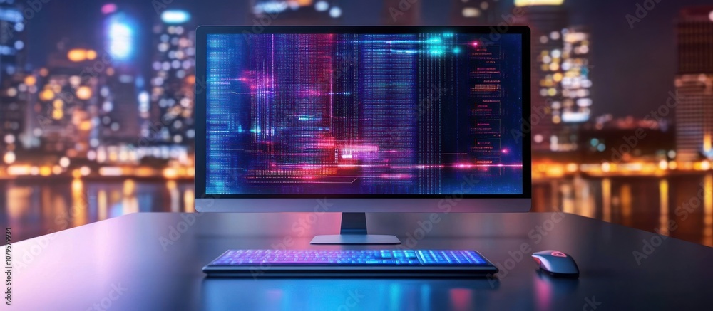 Computer screen with code and city lights Computer screen with code and city lights