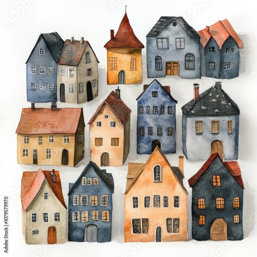 Set of watercolor houses