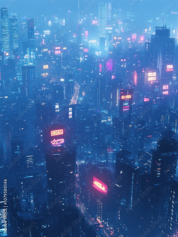 Fototapeta premium A vibrant, futuristic cityscape illuminated by neon lights in a misty atmosphere.