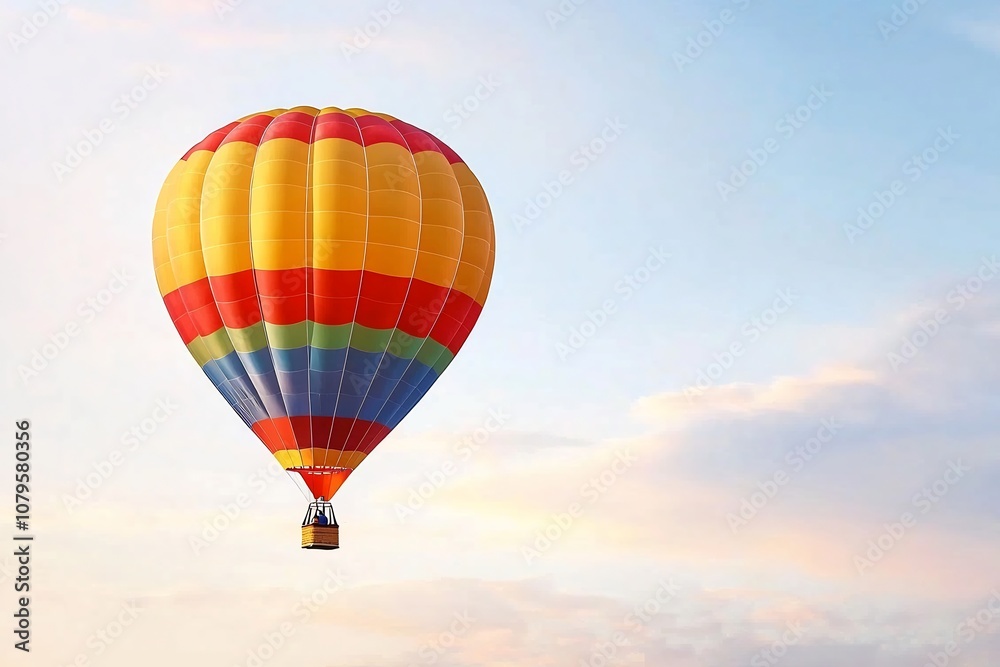 Naklejka premium Majestic hot air balloon in vibrant shades of red orange and yellow drifting peacefully through the sky offering a panoramic vista and a sense of adventure and freedom