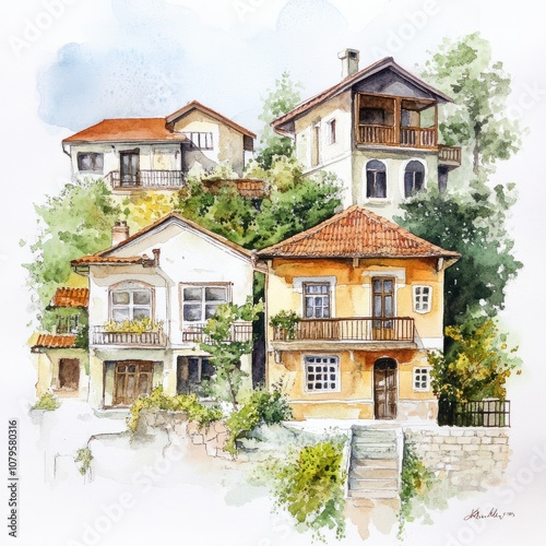 Set of watercolor houses