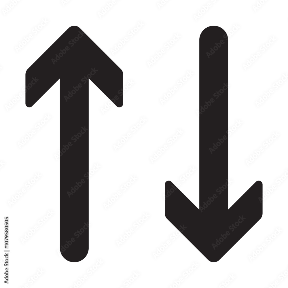Up, down bookmark arrows silhouette icon. A pair of vertical two-way direction symbols. Up and down arrow isolated on a white background. Up, down bookmark arrows silhouette icon. A pair of vertical two-way direction symbols. Up and down arrow isolated on a white background.