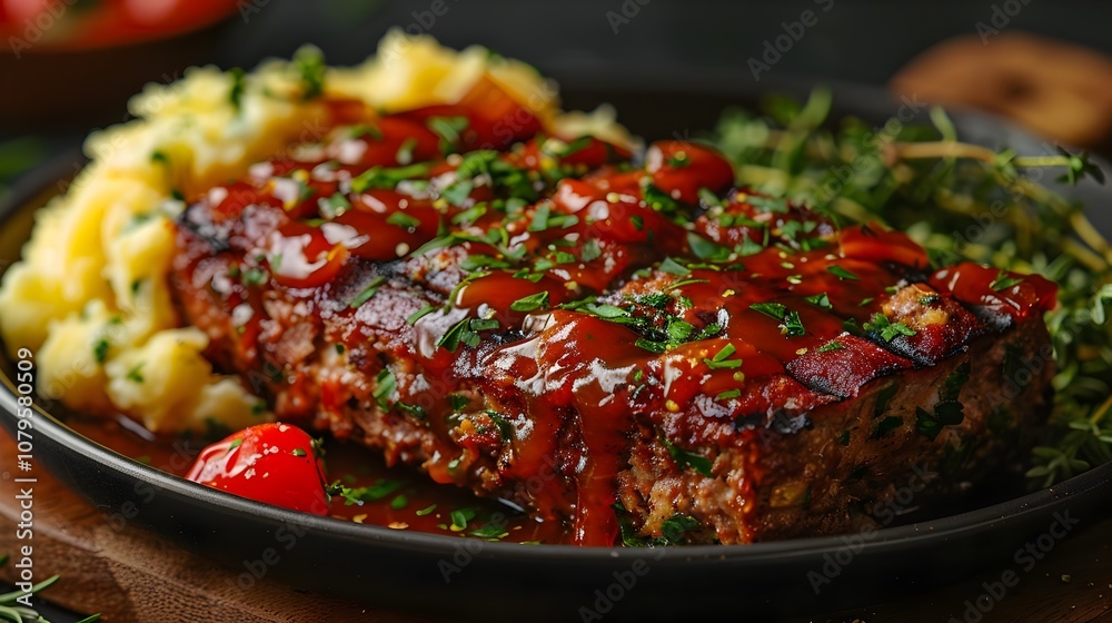 Gourmet Grilled Meatloaf with Bacon BBQ Glaze Surrounded by Creamy Garlic Mashed Potatoes on a Rustic Wooden Board, Perfect for Food Blogging or Menu Design Gourmet Grilled Meatloaf with Bacon BBQ Glaze Surrounded by Creamy Garlic Mashed Potatoes on a Rustic Wooden Board, Perfect for Food Blogging or Menu Design