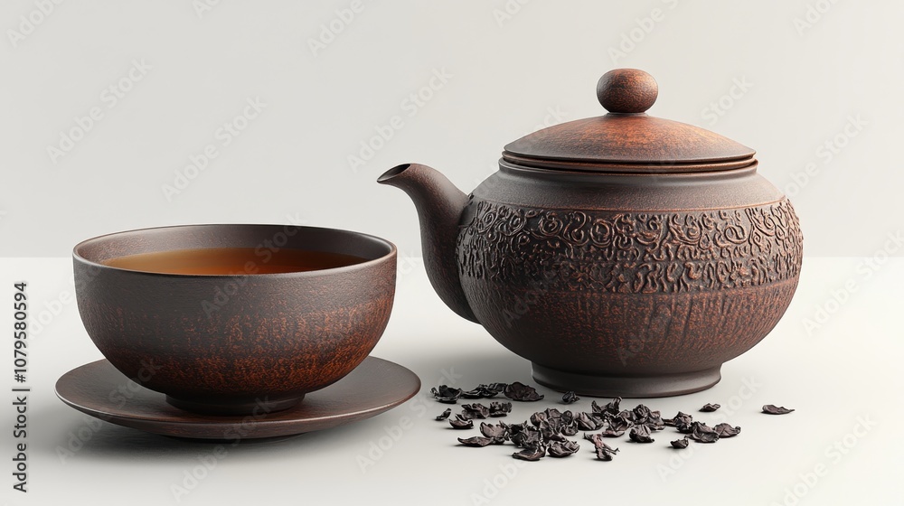 chinese ancient teapot and teacup with tea leaves 3d rendering chinese ancient teapot and teacup with tea leaves 3d rendering