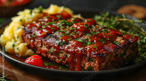 Gourmet Grilled Meatloaf with Bacon BBQ Glaze Surrounded by Creamy Garlic Mashed Potatoes on a Rustic Wooden Board, Perfect for Food Blogging or Menu Design