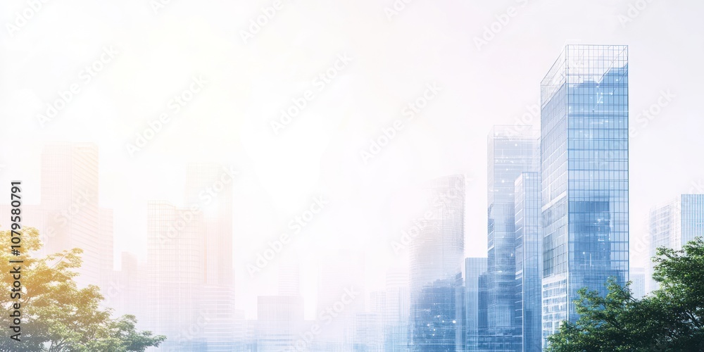 Fototapeta premium A misty cityscape with modern skyscrapers and greenery in the foreground.