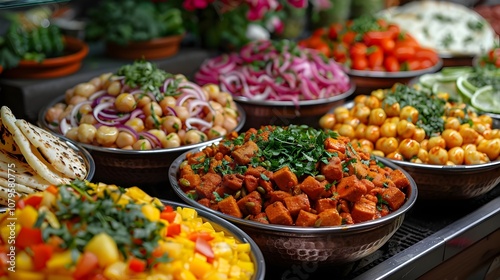 Colorful Selection of Gourmet Vegetarian Dishes at a Market Stall Showcasing Vibrant Fresh Produce and Culinary Creativity for Food Lovers and Healthy Eating Enthusiasts