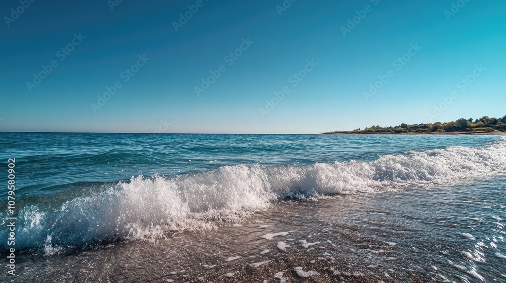 Fototapeta premium Unconventional square waves on the sea near the shore set against a clear blue sky A stunning spring scene