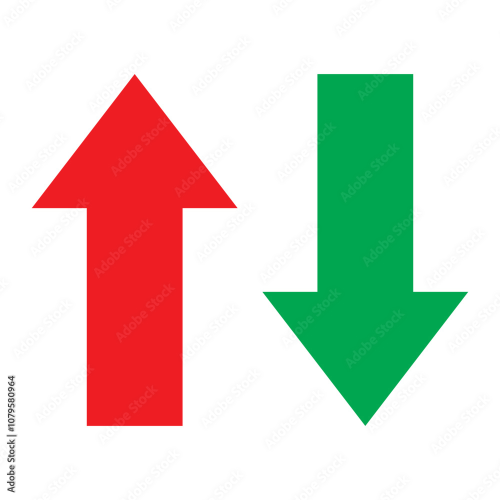 Up and Down sign with green and red arrows vector illustration. Concept of sales bar chart symbol icon with arrow moving down and sales bar chart with arrow moving up. Up and Down sign with green and red arrows vector illustration. Concept of sales bar chart symbol icon with arrow moving down and sales bar chart with arrow moving up.
