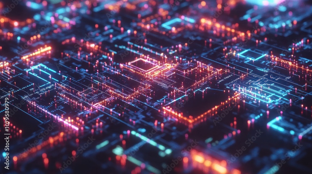 A vibrant, abstract representation of a digital circuit board illuminated with colorful lights. A vibrant, abstract representation of a digital circuit board illuminated with colorful lights.