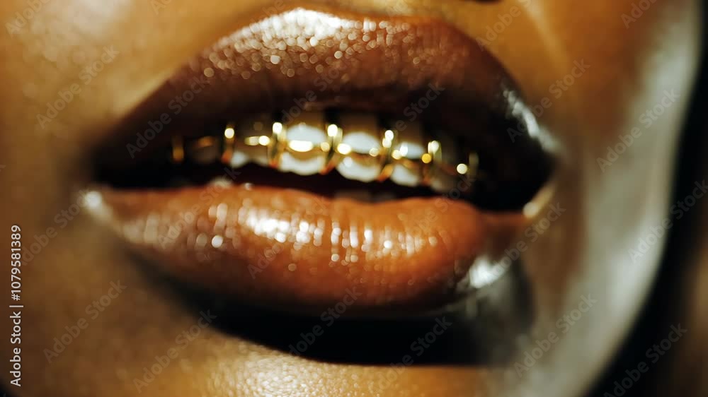 A close-up of a person's mouth with gold teeth and glossy lips