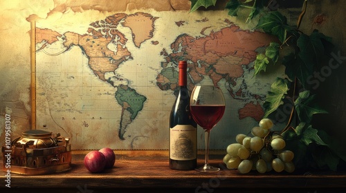 Still Life with Wine, Grapes, and a World Map