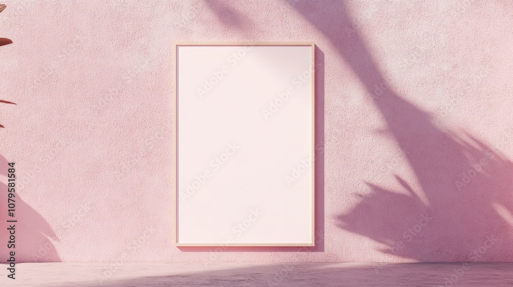 Empty vertical poster mockup with soft shadow against a pastel pink concrete wall background Flat lay perspective