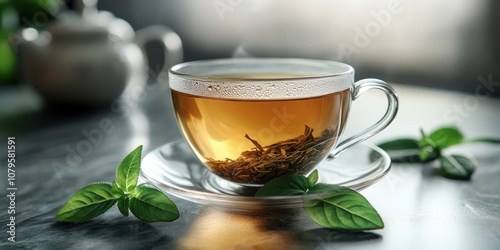 A steaming cup of tea with green leaves, evoking relaxation and warmth.