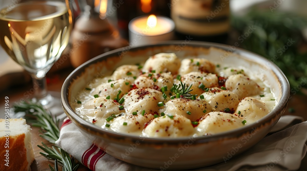 Gourmet Creamy Garlic Gnocchi with Fresh Herbs and Spices in a Rustic Setting Ideal for Food Blogs, Cooking Websites, and Culinary Magazines Gourmet Creamy Garlic Gnocchi with Fresh Herbs and Spices in a Rustic Setting Ideal for Food Blogs, Cooking Websites, and Culinary Magazines