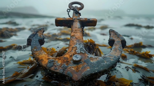 A rusty anchor is sitting on a beach covered in seaweed photo