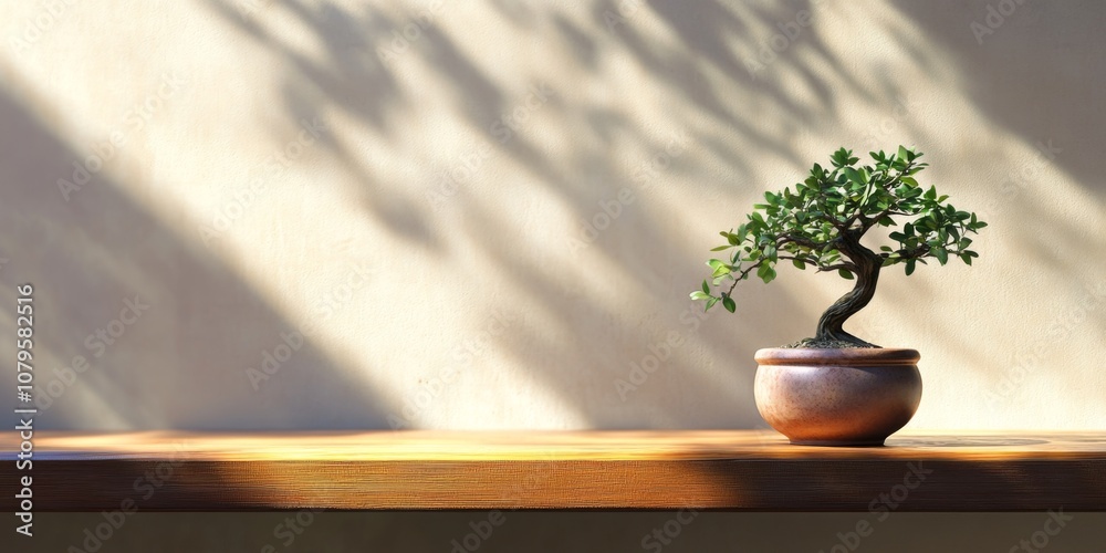 A minimalist workspace with a small Bonsai tree in a ceramic pot, placed on a wooden desk, creating a zen-inspired atmosphere with natural light,space for text A minimalist workspace with a small Bonsai tree in a ceramic pot, placed on a wooden desk, creating a zen-inspired atmosphere with natural light,space for text