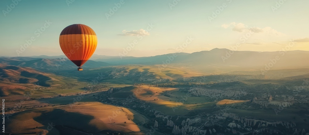 Hot Air Balloon Soaring Over a Mountainous Landscape Hot Air Balloon Soaring Over a Mountainous Landscape