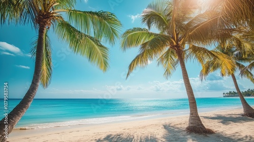 Palm trees gently swaying on a sunny coastal beach