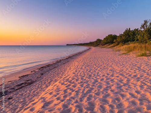 Serene beach at sunset with soft sand and gentle waves.