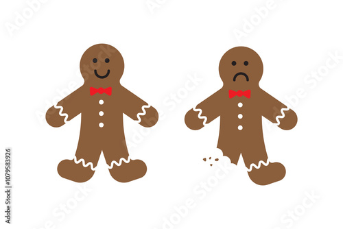 Gingerbread man icon. Smiling and sad figures. Festive cookie design. Vector illustration.