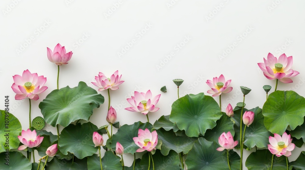 topview free space and colorful lotus flowers blooming on white background topview free space and colorful lotus flowers blooming on white background