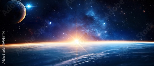 Fototapeta Naklejka Na Ścianę i Meble -  Orbital Space Station Orbiting a Distant Planet with Bright Cosmic Scenery  Futuristic Space and Discovery Concept in the Vast Universe