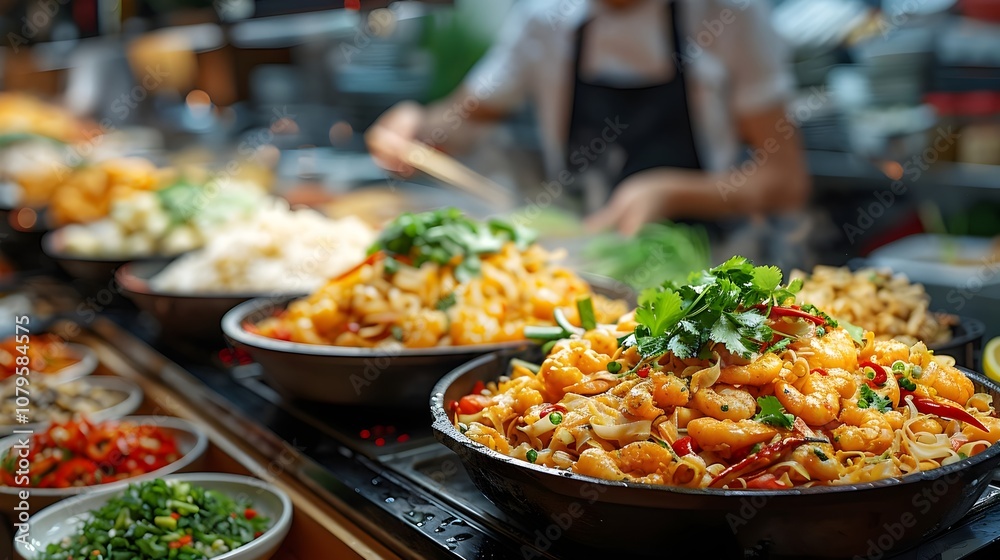 Vibrant Street Food Market Scene Featuring a Chef Skillfully Preparing Traditional Spicy Noodle Dishes, Perfect for Showcasing Culinary Culture and Gastronomic Experiences in Various Media Vibrant Street Food Market Scene Featuring a Chef Skillfully Preparing Traditional Spicy Noodle Dishes, Perfect for Showcasing Culinary Culture and Gastronomic Experiences in Various Media
